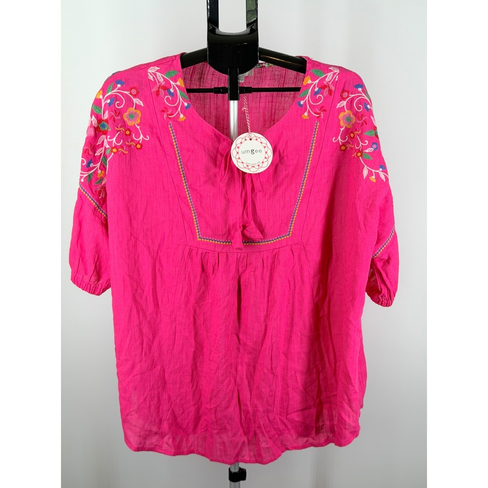 Umgee Pink Linen Blend Embroidered‎ Boho Tassel Top Womens Large